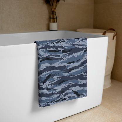 Kamysh Blue Camo Towel bath towel, lifestyle view.