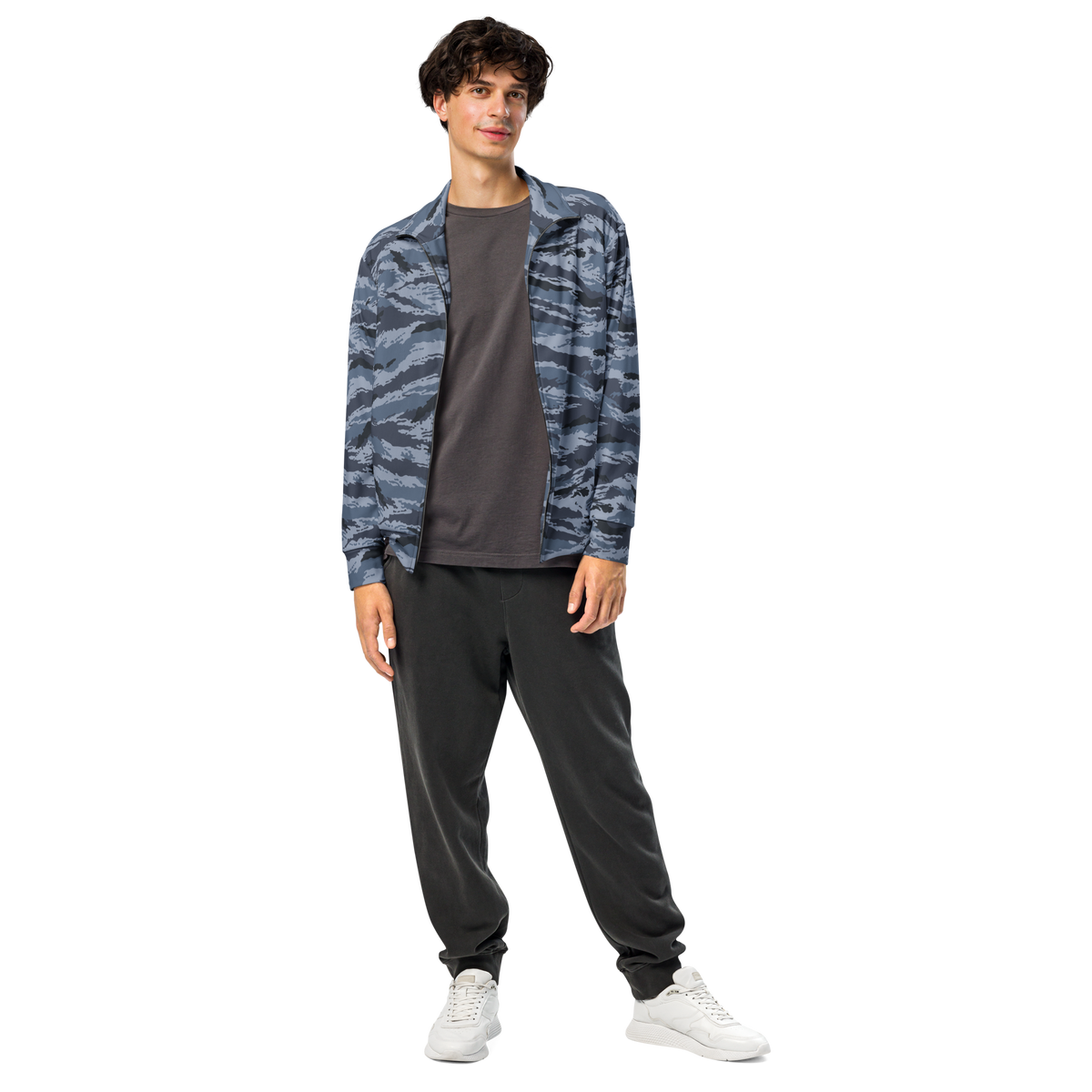 Kamysh Blue Camo Track Jacket, front view.