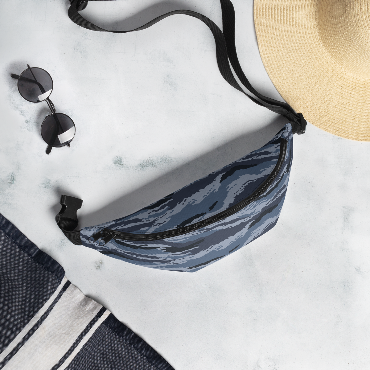 Kamysh Blue Camo Waistpack, lifestyle view.