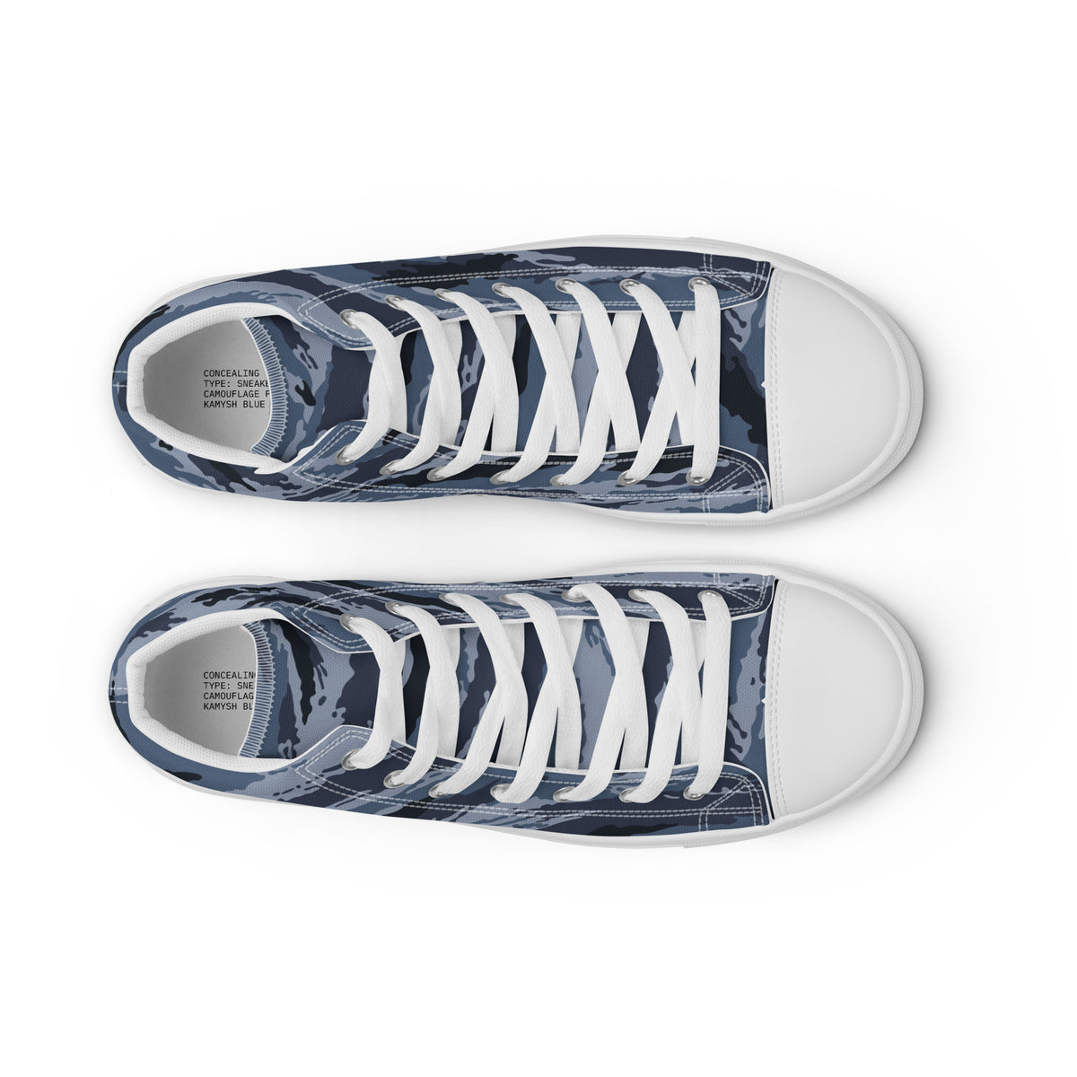 Kamysh Blue Camo Women’s Sneaker Hi, front view.