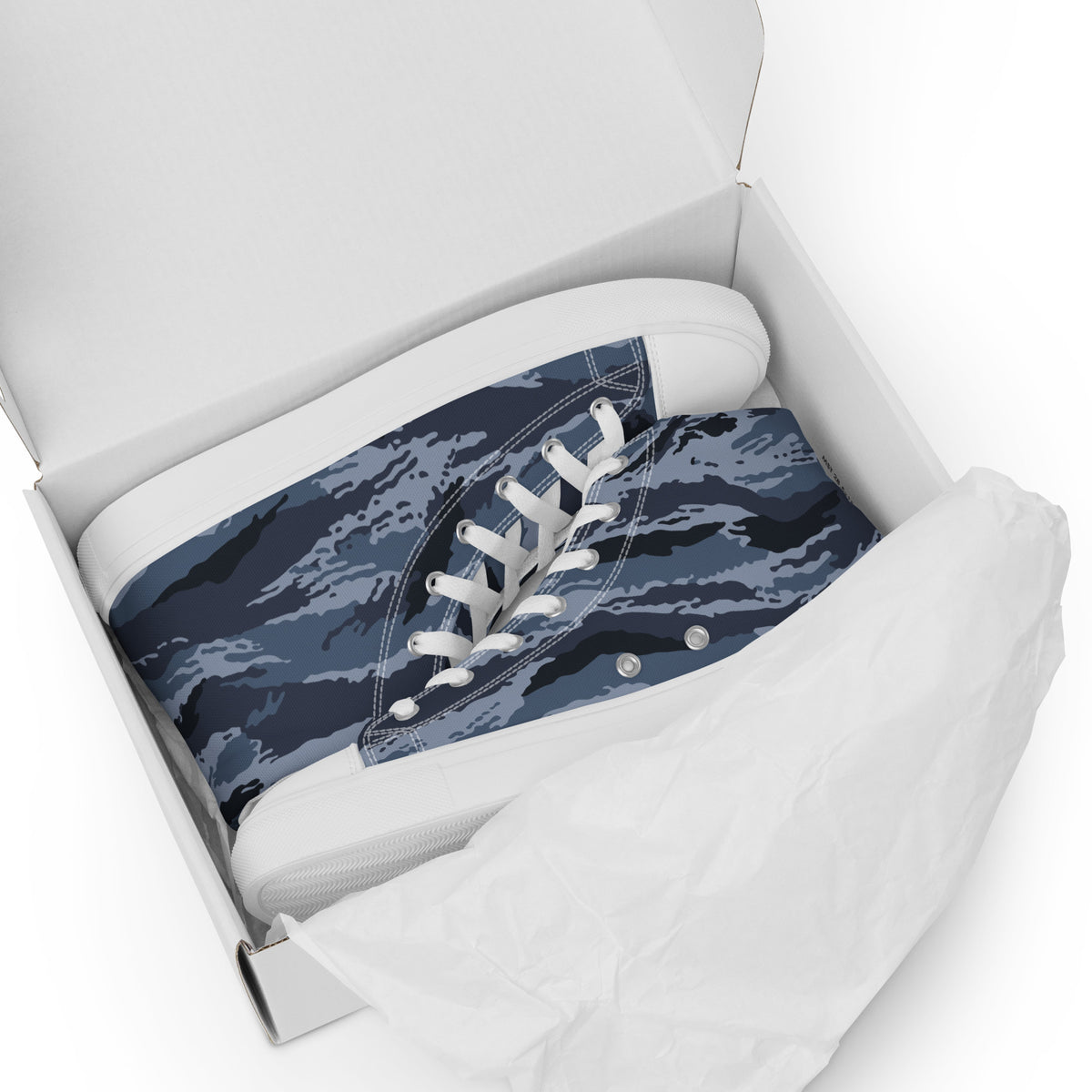 Kamysh Blue Camo Women’s Sneaker Hi, front view.