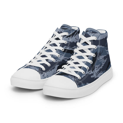 Kamysh Blue Camo Women’s Sneaker Hi, front view.