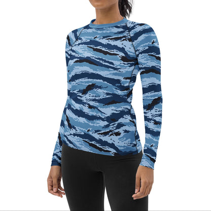 Kamysh Blue Camo Women's Long-sleeve Rash Guard _ Concealing Coloration.