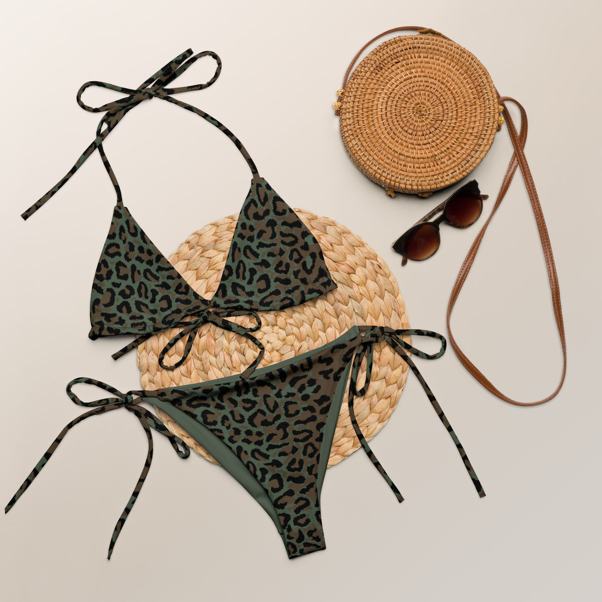 Leopard Spot Camo String Bikini Set, front view.