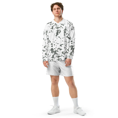Man wearing a white M05 Snow Camo Hockey Jersey on a white background