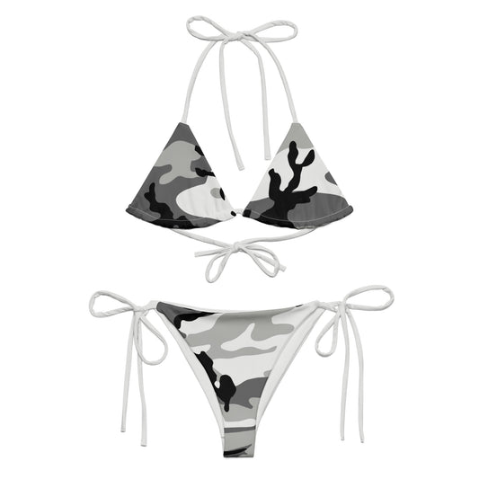 M81 Urban Camo String Bikini Set flat lay front mockup showing gray black woodland camouflage two-piece swimwear
