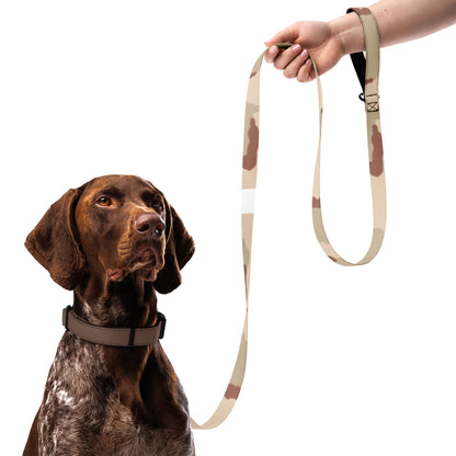 Three-Color Desert camo dog leash — DCU Gulf War pattern, 6 ft woven nylon, padded hand loop, metal clip