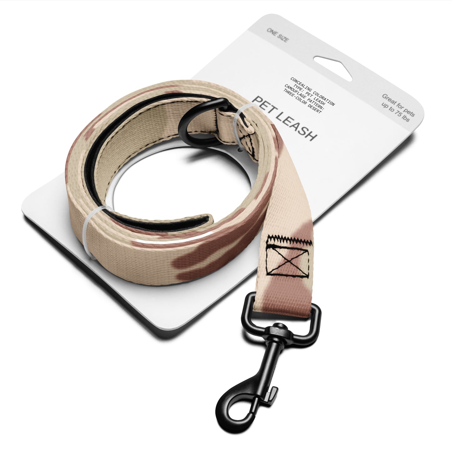 Three-Color Desert camo dog leash — DCU Gulf War pattern, 6 ft woven nylon, padded hand loop, metal clip
