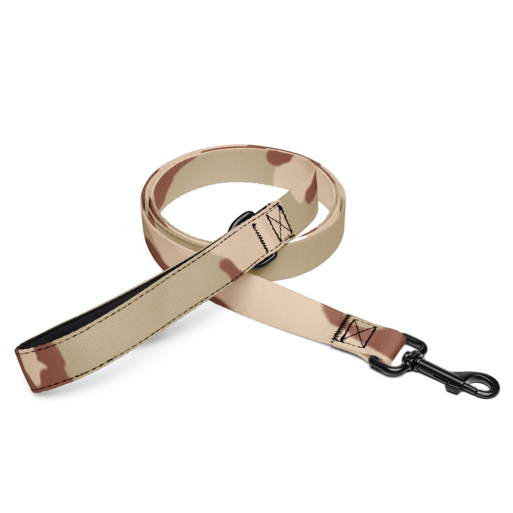 Three-Color Desert camo dog leash — DCU Gulf War pattern, 6 ft woven nylon, padded hand loop, metal clip