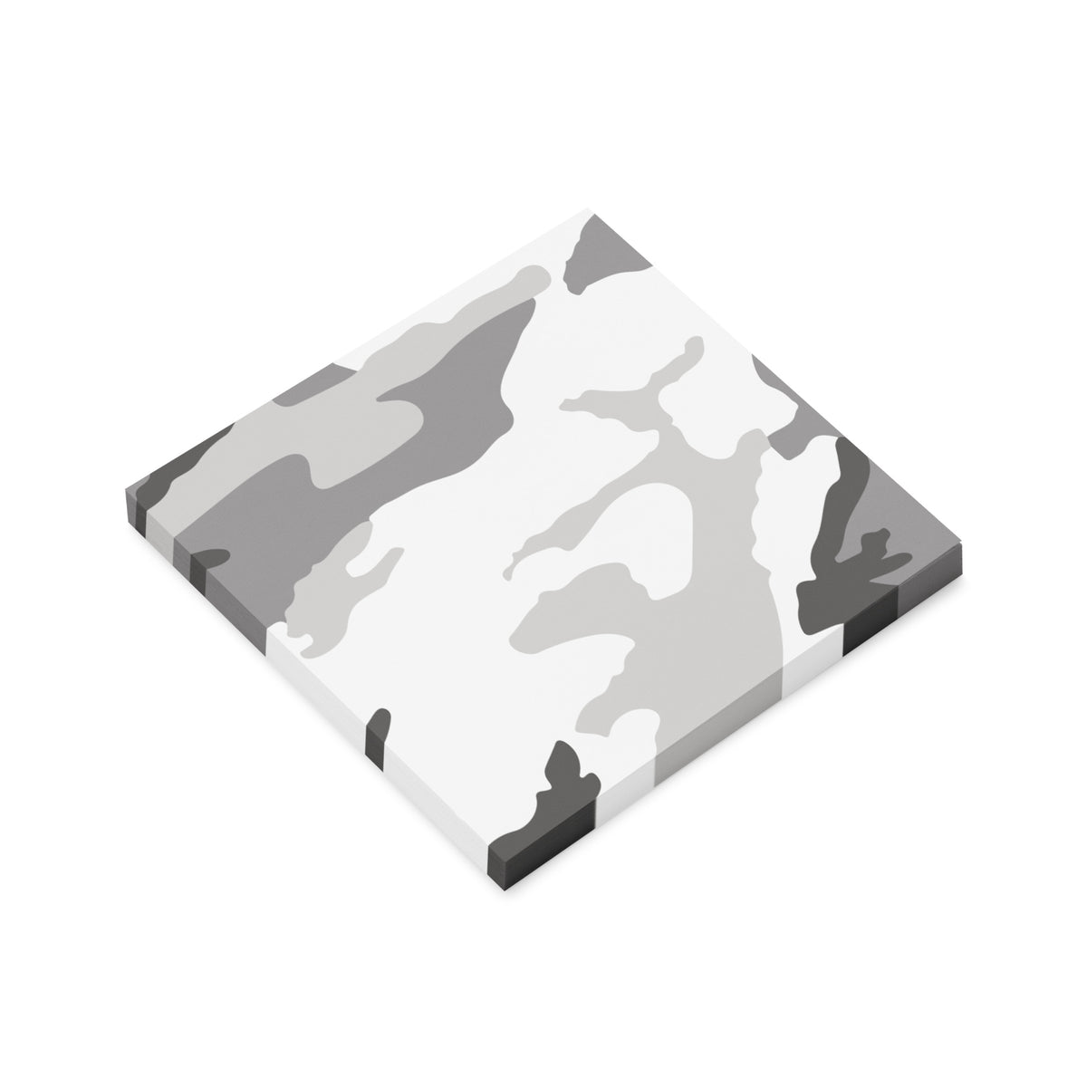 Angled 4″×4″ M81 Urban Camo Post-it® Notes showing printed top and stacked sheets