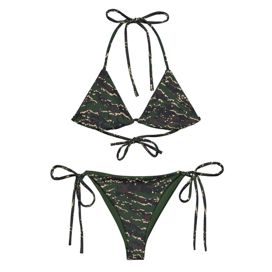 ROC Digital Tiger Stripe Camo String Bikini Set — front and back flat views
