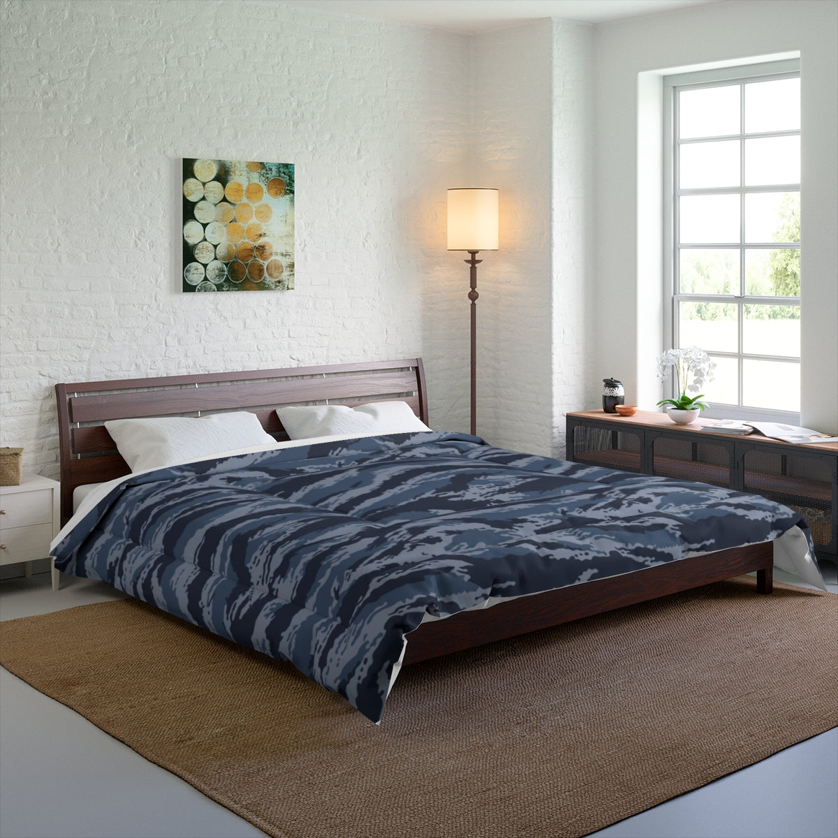Kamysh Blue Camo King Bed Comforter - close-up