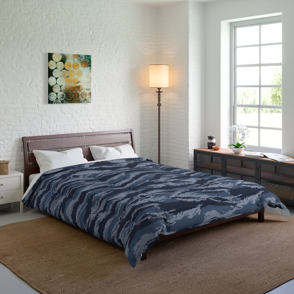 Kamysh Blue Camo Queen Bed Comforter - close-up