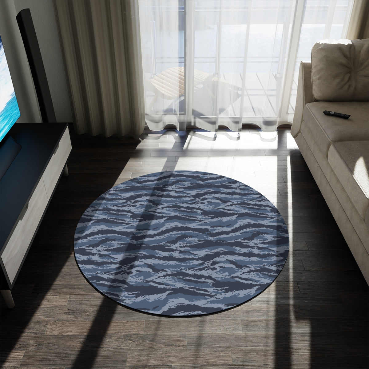 Kamysh Blue Camo Round Rug - close-up